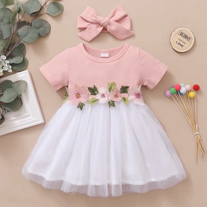 Đầm công chúa MIKRDOO tay ngắn đính hoa thêu + băng đô thiết kế thời trang phong cách mùa hè cho bé gái 0-3 tuổi