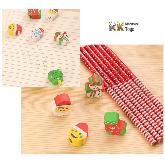 Đồ dùng học tập, quà tặng cho con: Combo 10 chiếc bút chì đầu tẩy chủ đề Noel-KKstore