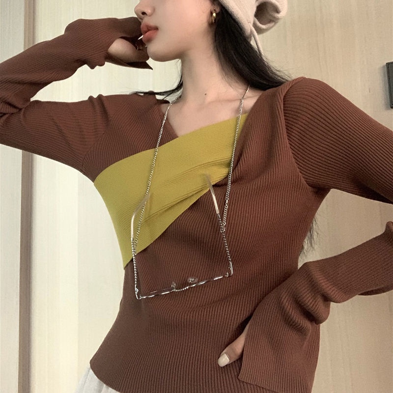 【77】 Áo sweater dệt kim dáng ôm màu sắc tương phản thời trang thu đông cho nữ