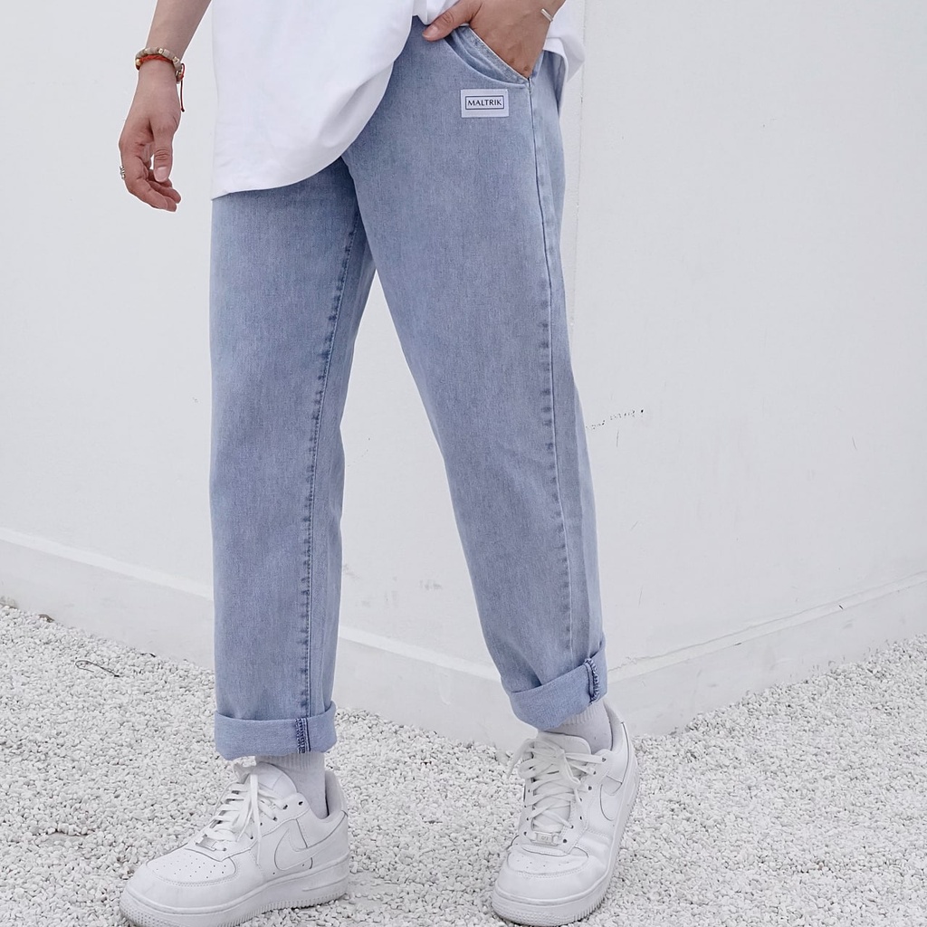 Quần jean nam xanh Logo cạp chun bigsize dáng baggy có size dành cho người ngoại cỡ đến 105kg - MALTRIK