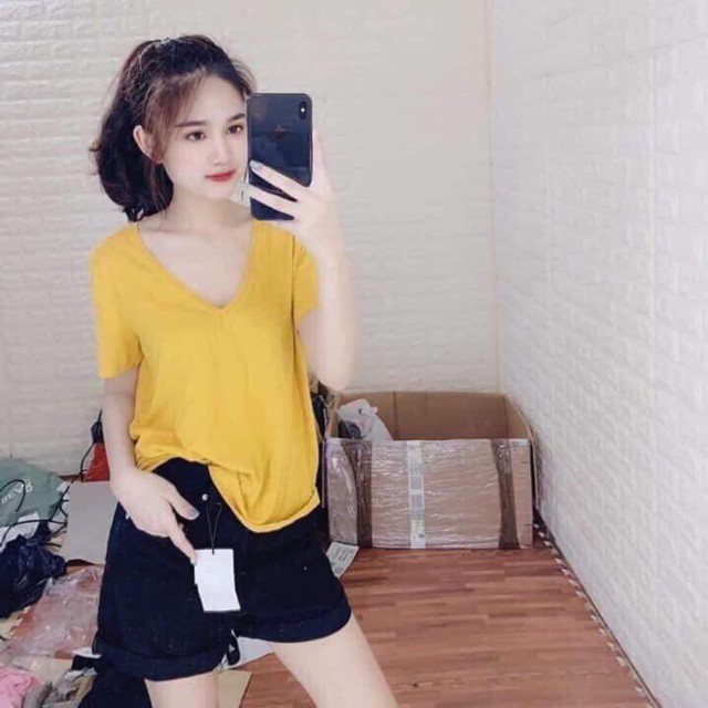 Áo phông giấy cổ tim ngắn tay full màu vải cotton giấy