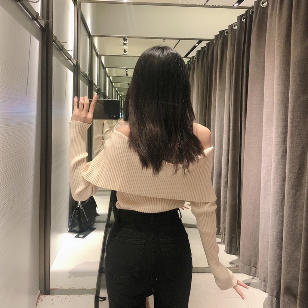Áo len tăm cổ V trễ vai 23Closet tay dài nữ kiểu dáng Hàn Quốc hở vai chất len tăm co giãn tốt cao cấp -ALTT07