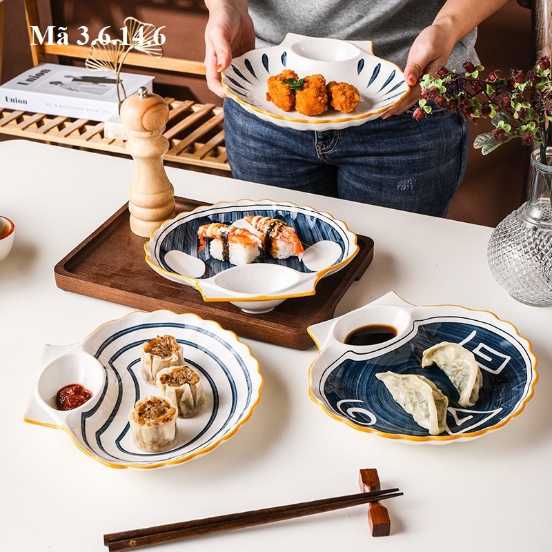 Đĩa sứ hình con sò kèm ngăn đựng nước chấm 2in1 men lam phong cách Nhật, phụ kiên bàn ăn 3.6.14.6