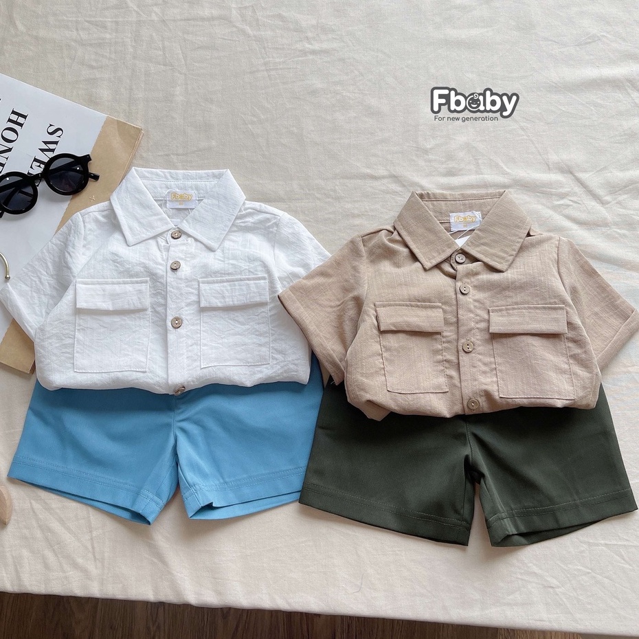 Set bộ quần áo sơ mi bé trai FBABY thiết kế cộc tay chất thô đũi 2 màu trơn