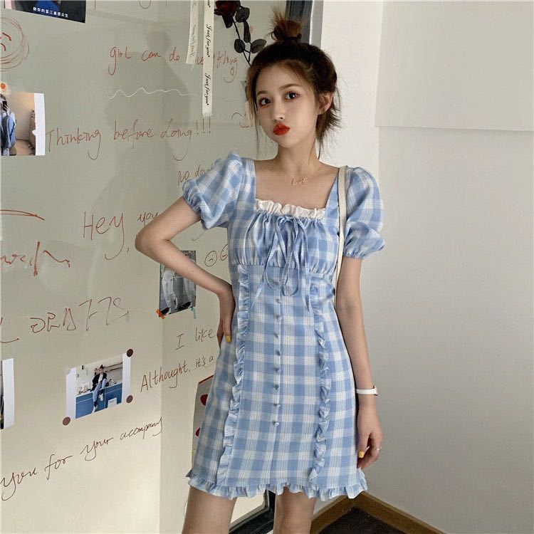 Đầm Tay Phồng Họa Tiết Sọc Caro Ôm Eo Thời Trang Mùa Hè Kiểu Pháp Dành Cho Nữ | BigBuy360 - bigbuy360.vn