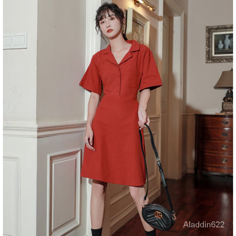 Đầm nữ ngắn tay cổ bẻ eo thắt dây thời trang
