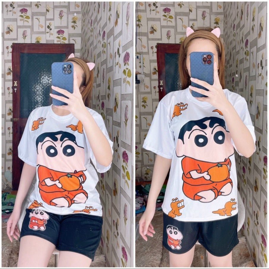 Set bộ Áo thun unisex và quần short ống rộng freesize họa tiết hoạt hình 001- Chill Shop