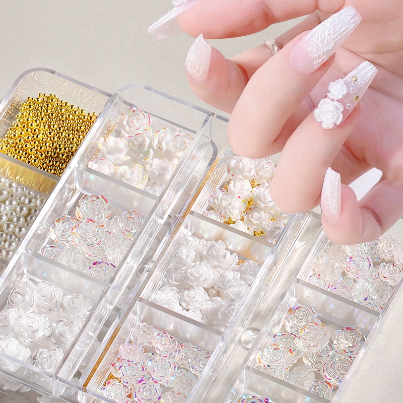 Hộp phụ kiện BORN PRETTY trang trí móng tay hình hoa trà 3d màu trắng bằng nhựa acrylic