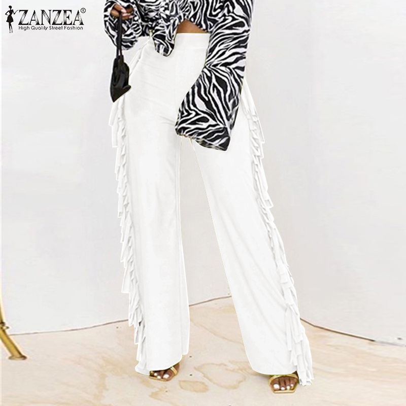 Quần dài lưng thun Zanzea màu trơn phối tua rua thời trang cho nữ