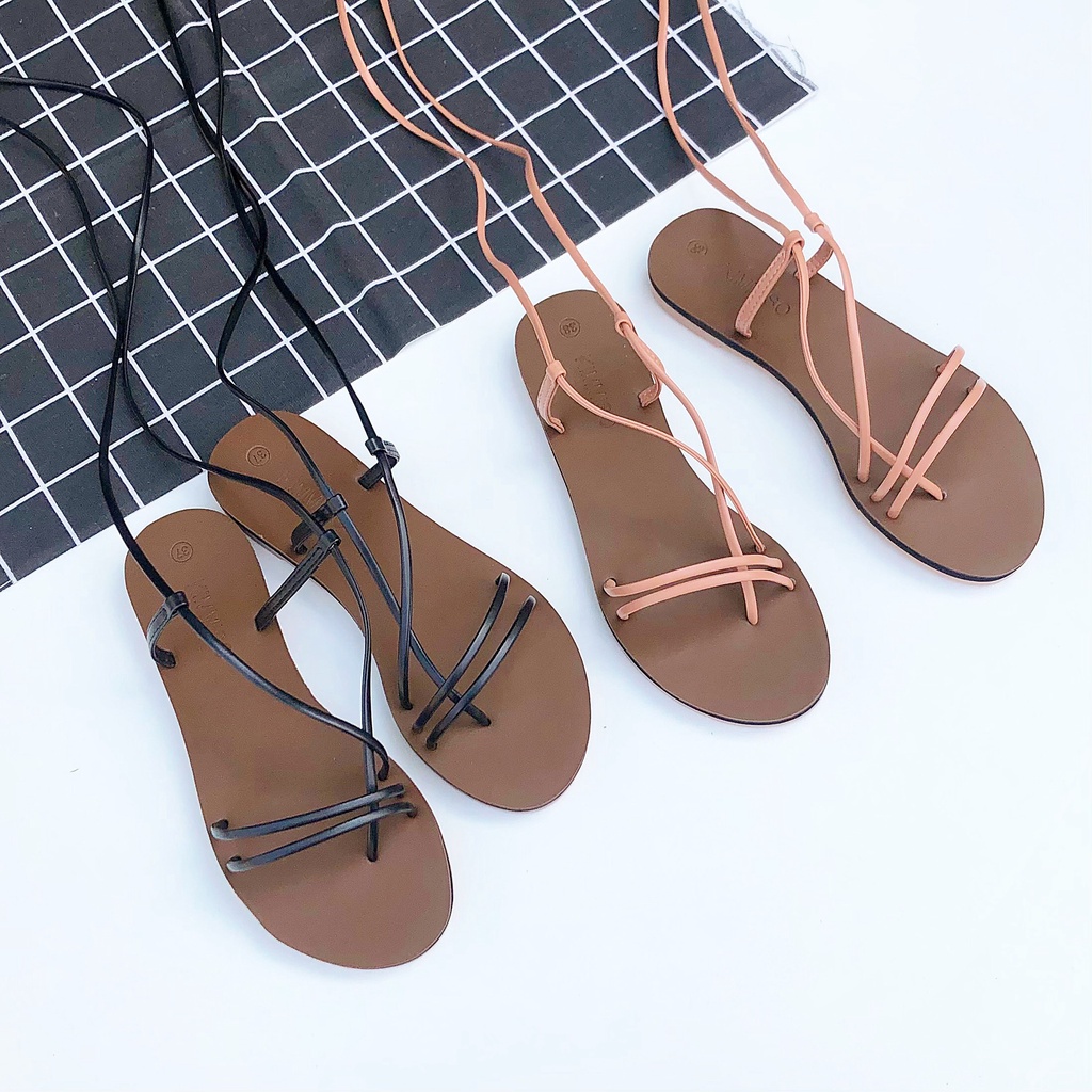 [Siêu rẻ] Giày sandal nữ đế bằng xỏ ngón quai mảnh hậu cột dây đi học đi làm cực êm - Kimmiso SX01