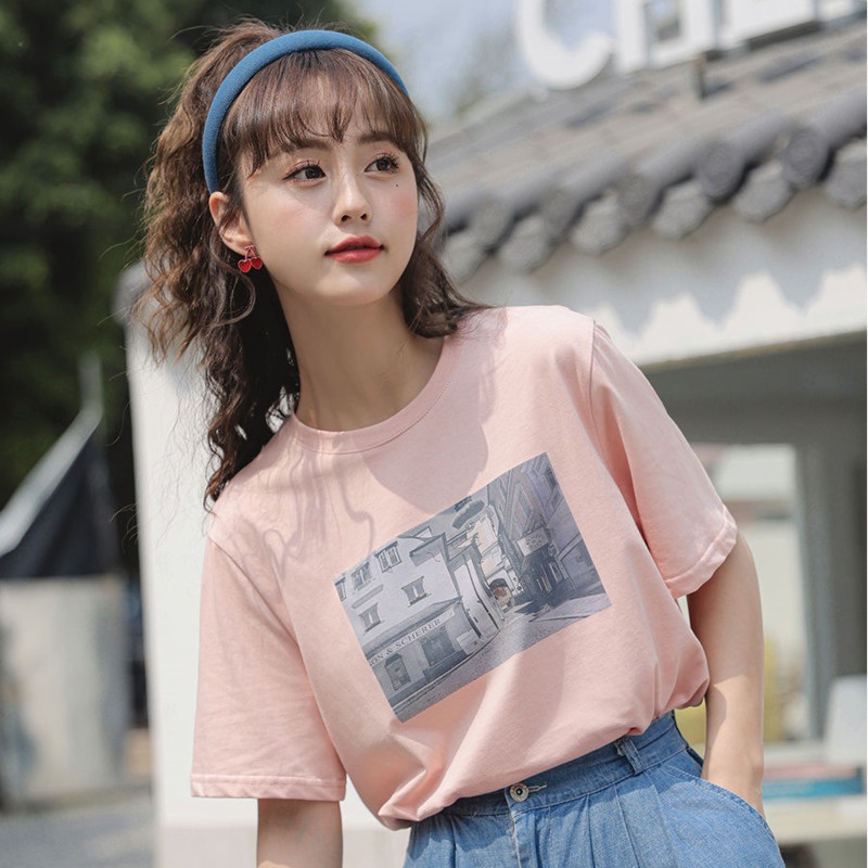 Áo Thun Ngắn Tay Cổ Tròn Dáng Rộng In Họa Tiết Đơn Giản Theo Phong Cách Hàn Quốc