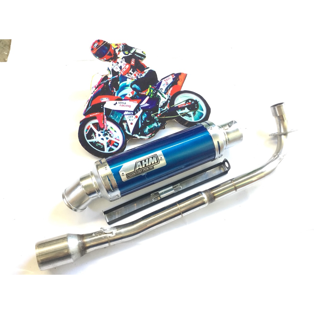 Bộ pô AHM xanh FULL CỔ INOX THẲNG WAVE, SI, CUP, DREAM, EXCITER, WINER, SONIC, RAIDER FI, SATRIA, GSX