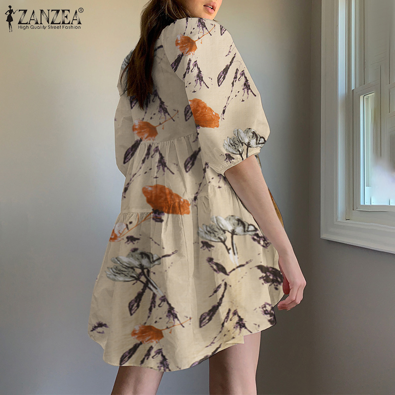 Đầm mini ZANZEA tay ngắn cổ tròn in họa tiết hoa thời trang cho nữ