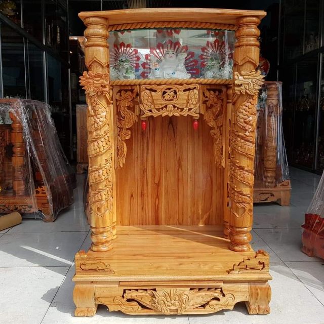 Bàn thờ thần tài ông địa 80 cm×127 cm gỗ xoan quỳ trụ điện tử