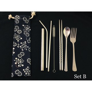 Combo màu tự chọn] set ống hút + set dụng cụ ăn đũa muỗng nĩa inox 304 cao cấp
