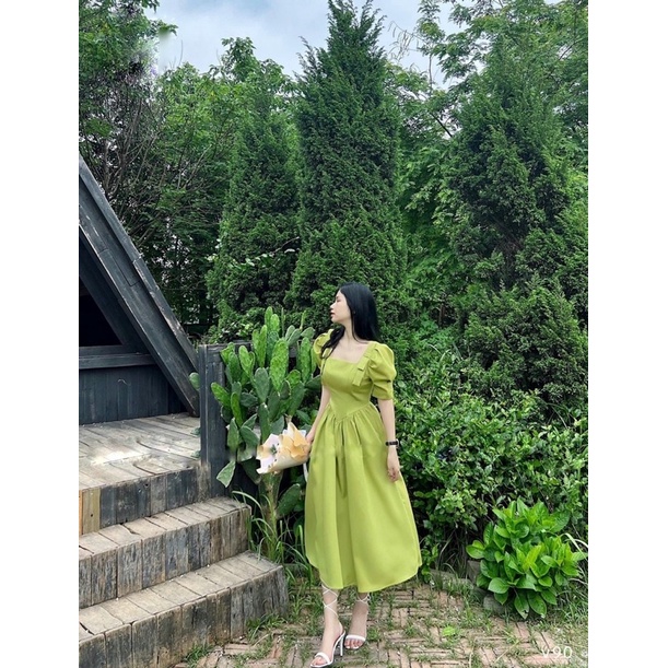 Đầm cổ vuông nơ vai tiểu thư, đáng iu Green Dress