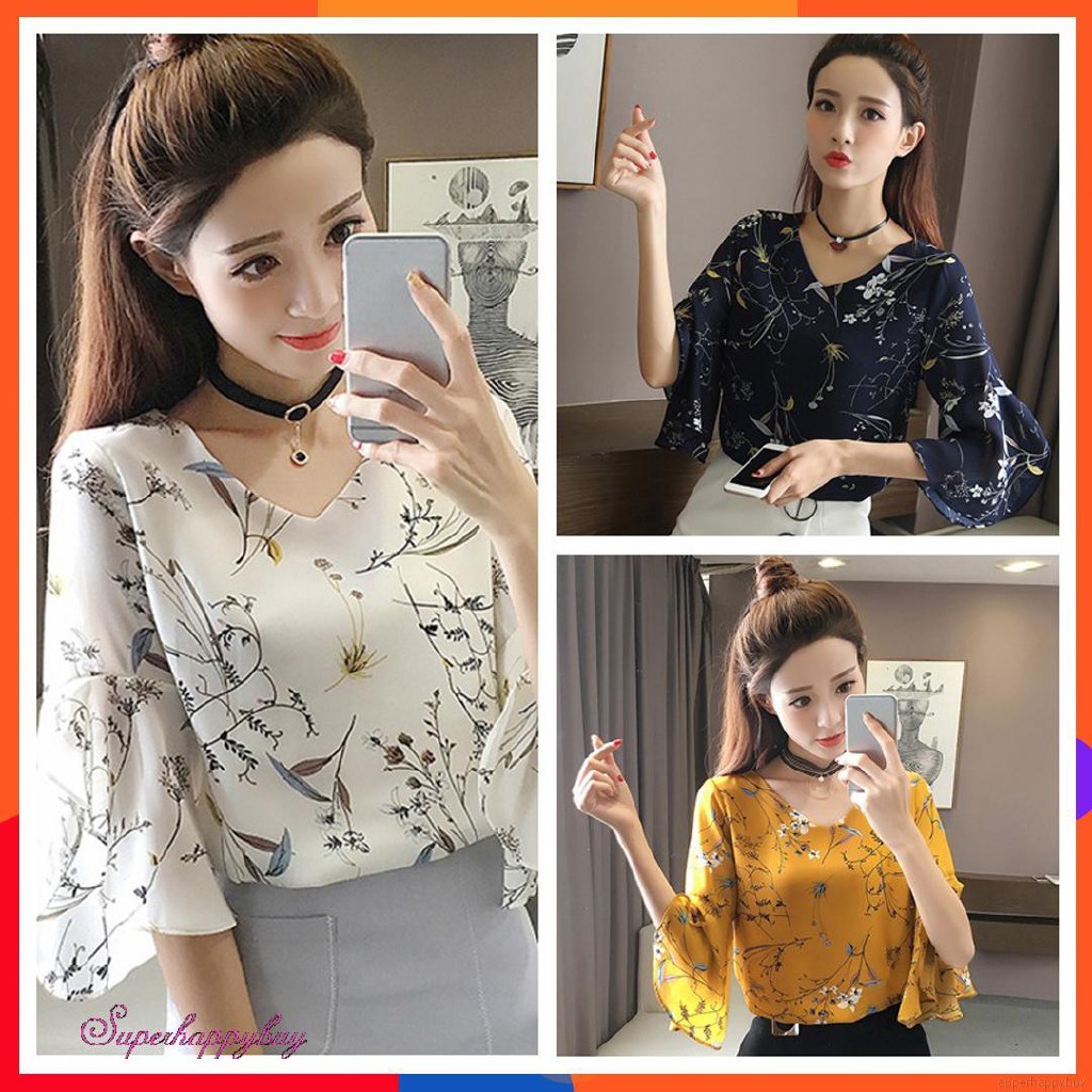 Áo tay dài nhún bèo họa tiết hoa thời trang Hàn Quốc thời trang cho nữ