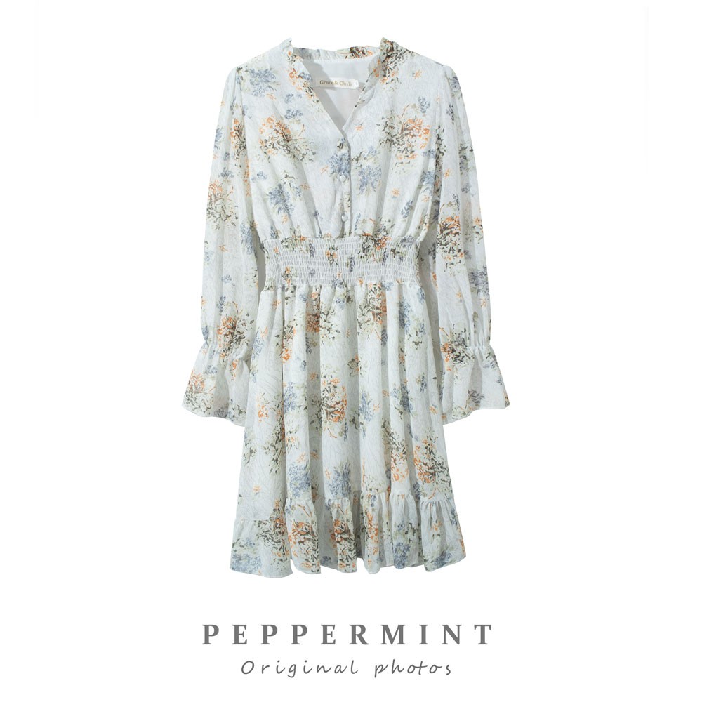 Đầm Voan Hoa Tay Dài Cổ Chữ V Thời Trang 29250