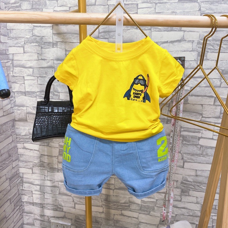 Bộ quần Jean mềm áo cotton cá mập Bé trai từ 9-21kg