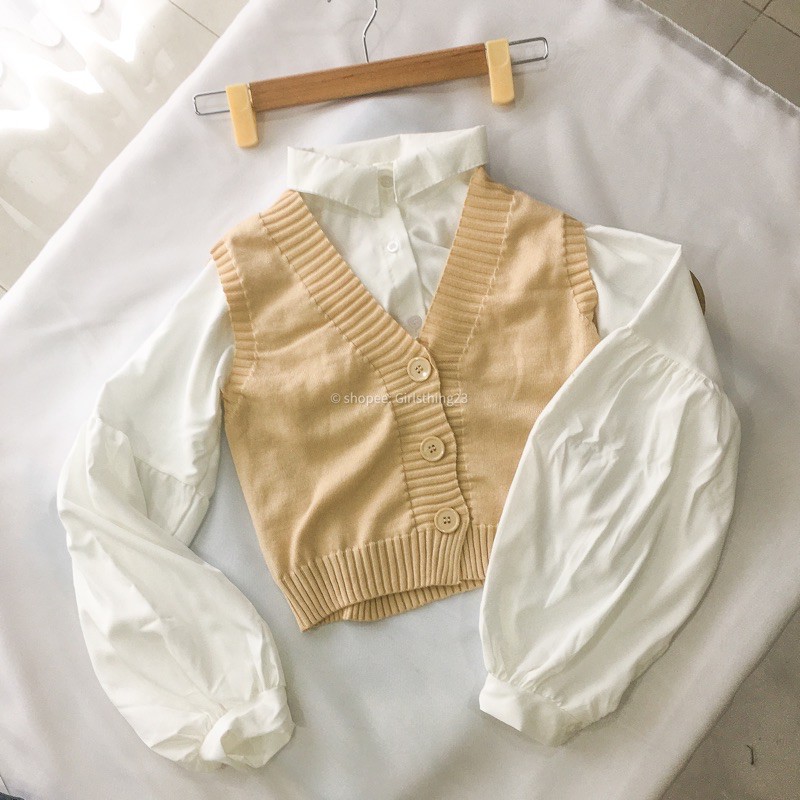 Áo Gile Nữ Len, Tanktop Ulzzang Hàn Quốc, Áo Khoác Form Rộng Không Tay Có Nút (Be & Vàng) | BigBuy360 - bigbuy360.vn