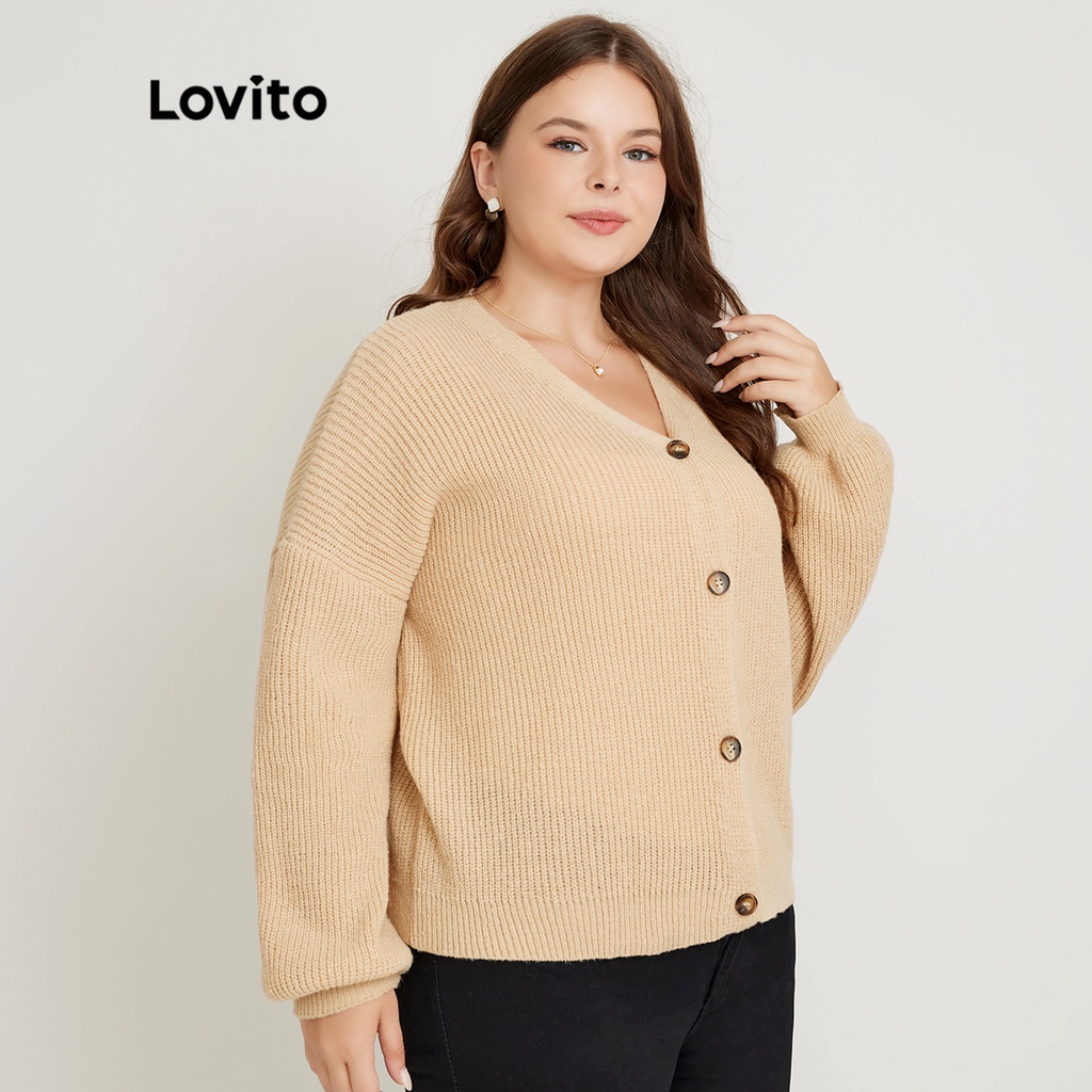 Áo cardigan Lovito plus size màu trơn có nút độ đàn hồi cao phong cách thường ngày LPS02062 (màu kaki)