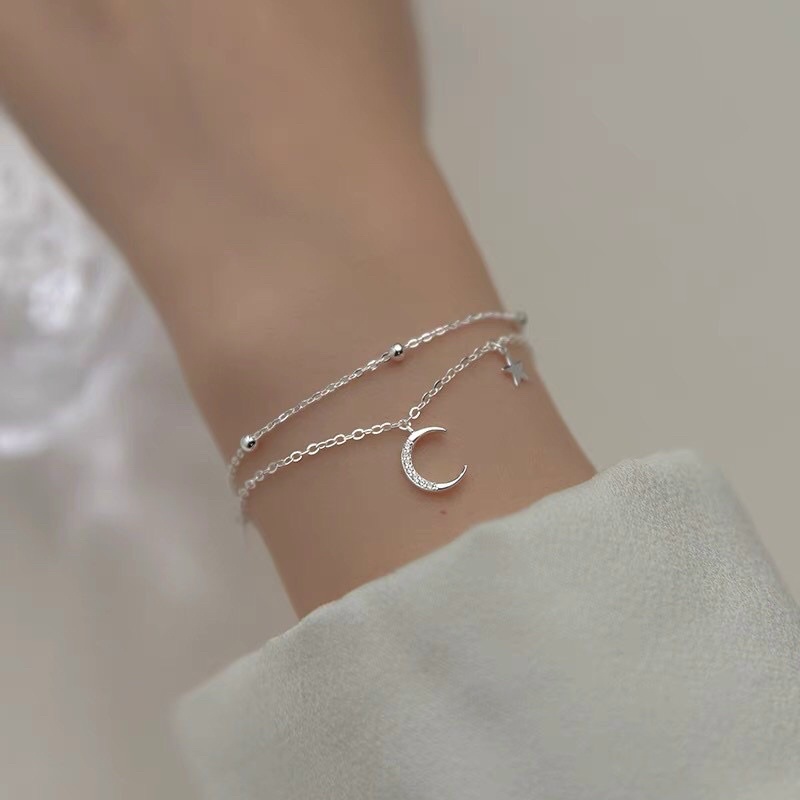 Lắc chân tay treo trăng sao phối bi mắt xích xinh xắn bạc chuẩn