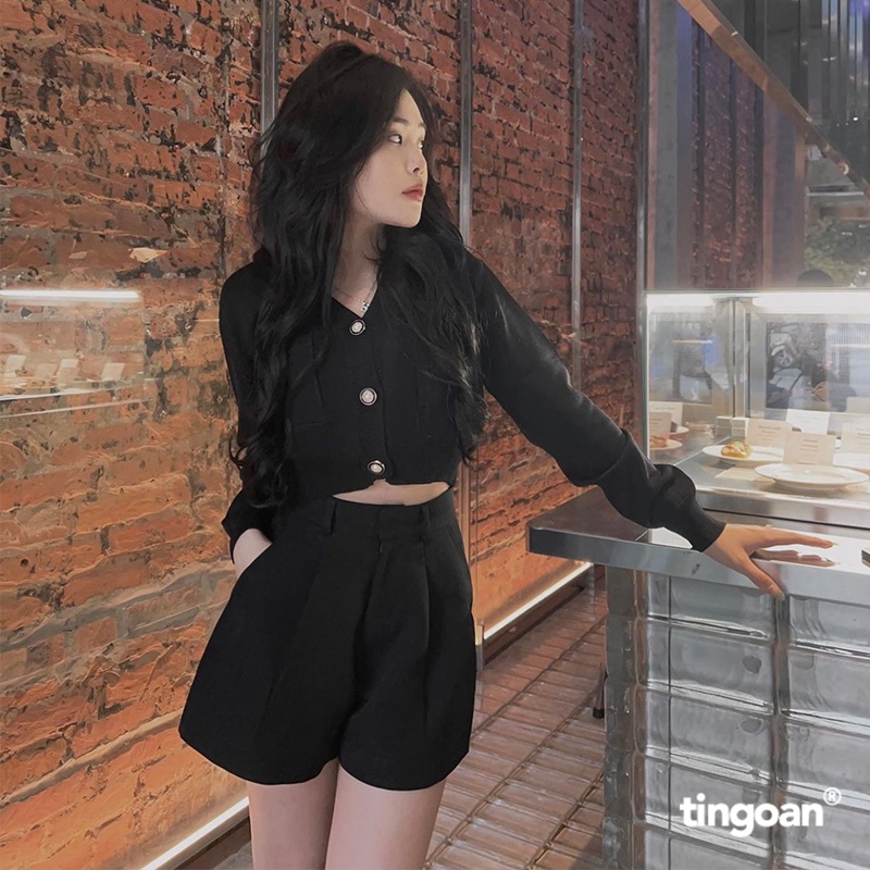 TINGOAN®  - Quần short đen cạp cao chiết ly eo tingoan JOCIE SHORT/BL