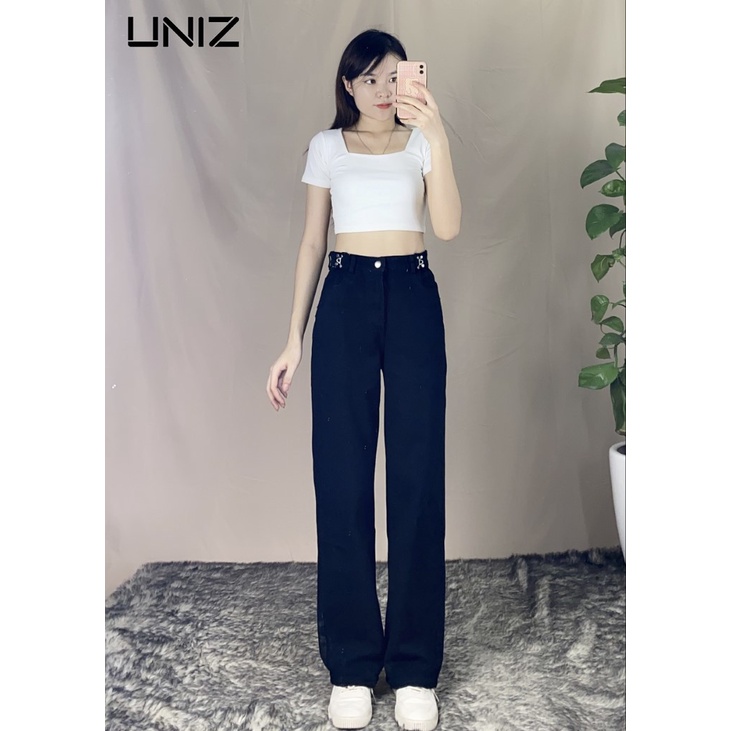 Quần Jean Suông Trơn UNIZ (Màu Đen), Unisex, Dáng Dài, Cạp Cao, Móc Cài, Ống Suông Và Rộng, Vải Jean Mềm, Không Bai