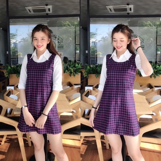 Đầm sọc caro phối sơ mi