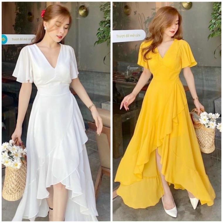 X2 váy xòe đuôi cá cổ v tay cánh tiên Đầm vàng maxi đi biển tùng bèo (kèm hình thật)