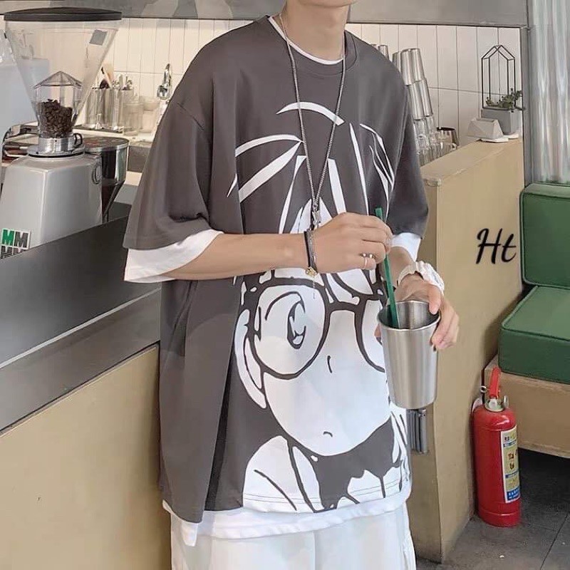 Áo thun tay lỡ in mặt conan đeo kính