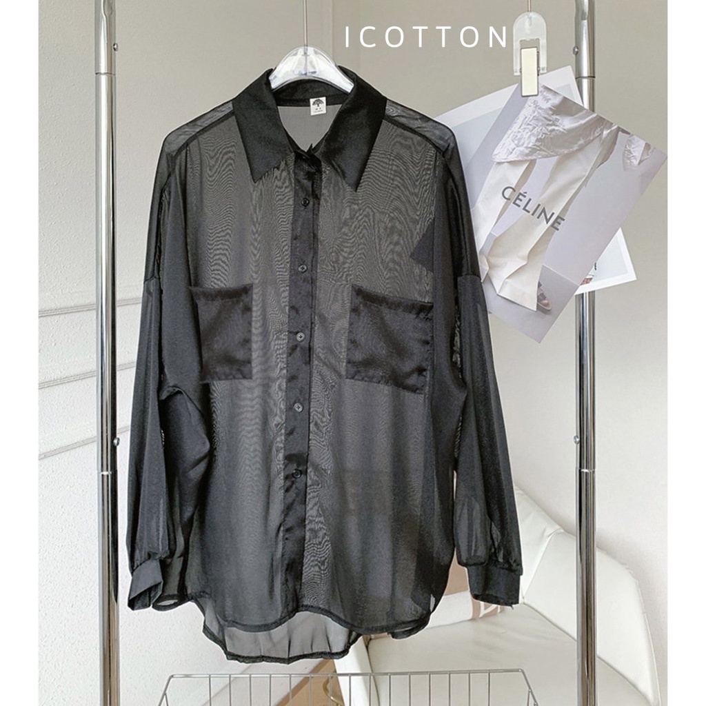 Áo sơ mi phom rộng khoác ngoài ❤️ICOTTON❤️ áo sơ mi nữ mỏng voan chiffon xuyên thấu dài tay, áo đi biển, đi chơi