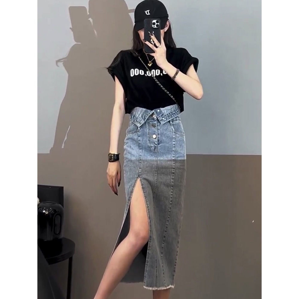 Jiashucheng Chân Váy Denim Chữ a Lưng Cao Xẻ Tà Phong Cách Retro Hong Kong Thời Trang Mùa Hè Hàng Mới 2023