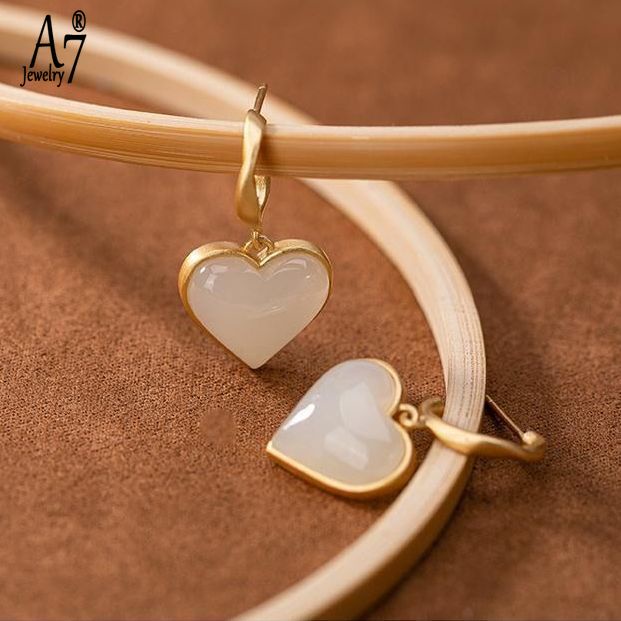 Bông Tai Bạc 925 Hình Trái Tim Đính Đá Ngọc Bích Trắng Sáng Tạo Thời Trang Cho Nữ A7 S925