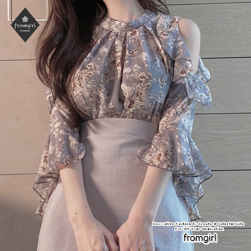 Áo voan hở vai in hoa thời trang hè mới năm 2021