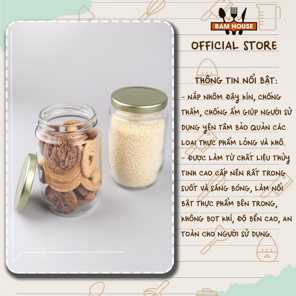 Hủ thủ tinh tròn 450ml Bam House có nắp nhôm giúp bảo quản gia vị và thực phẩm tốt cao cấp HT03 - Gia dụng bếp