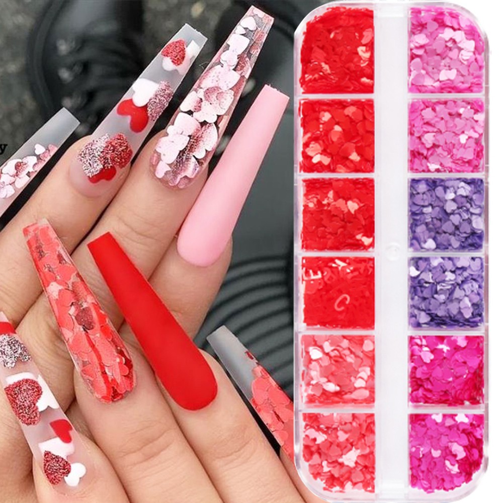 BACK2LIFE 3D Nail Sequins DIY Manicure Nail Art Decoration 12 Grids/box Love Heart Laser Sparkly Valentine's Day Holographic Nail Glitter Flakes