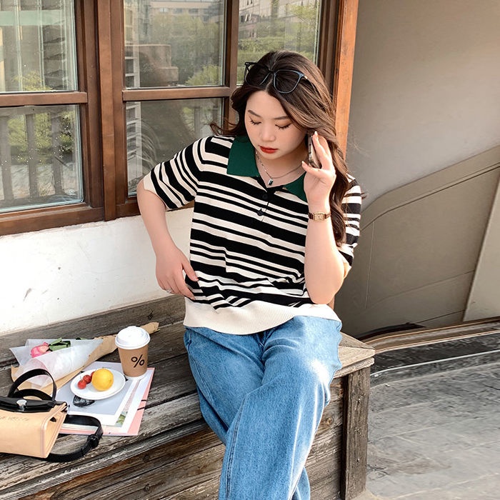 Áo polo Dệt Kim Tay Ngắn Dáng Rộng Họa Tiết Kẻ Sọc Thời Trang Mùa Hè Mới Cho Nữ Có Size Lớn