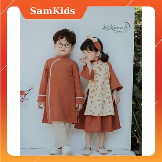 Áo dài trẻ em DÀNH CHO BÉ TRAI màu cam cách tân SAMKIDS, chất liệu vải nhung tăm mềm mịn