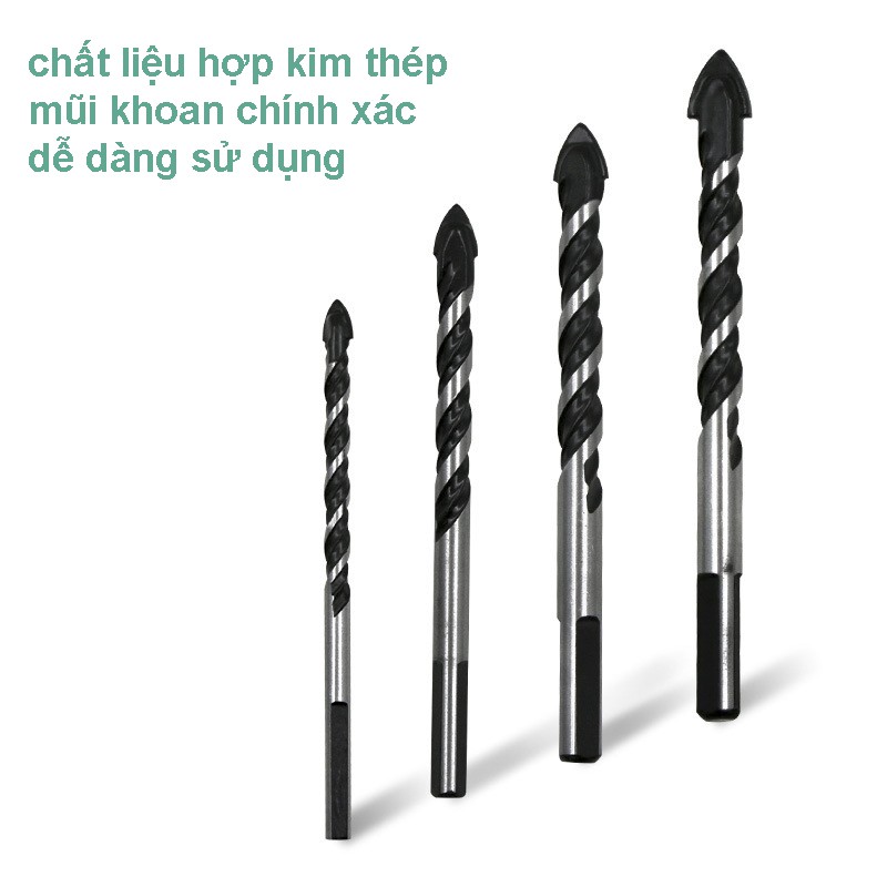 Bộ 4 mũi khoan gạch, kính, gỗ, thạch cao, sắt, đá hoa cương, tường, bê tông đa năng 6mm, 8mm, 10mm, 12mm