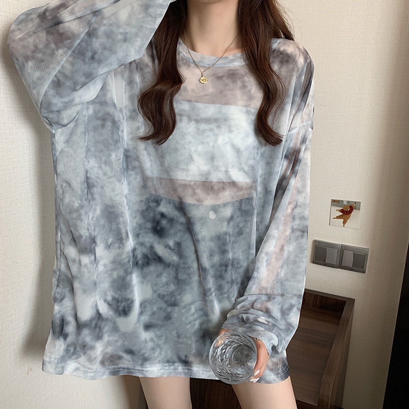 Áo Thun Nữ Tay Dài Dáng Rộng Màu Nhuộm Trong Suốt Thời Trang