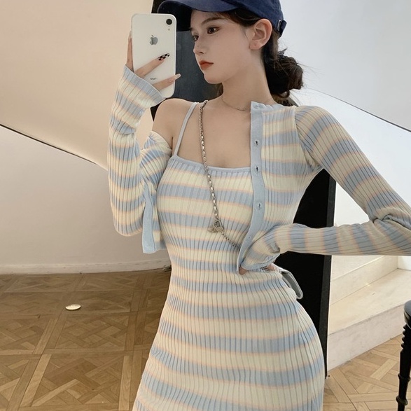 đầm ôm hai mảnh dệt kim họa tiết kẻ sọc mẫu mới chất lượng cao cho nữ