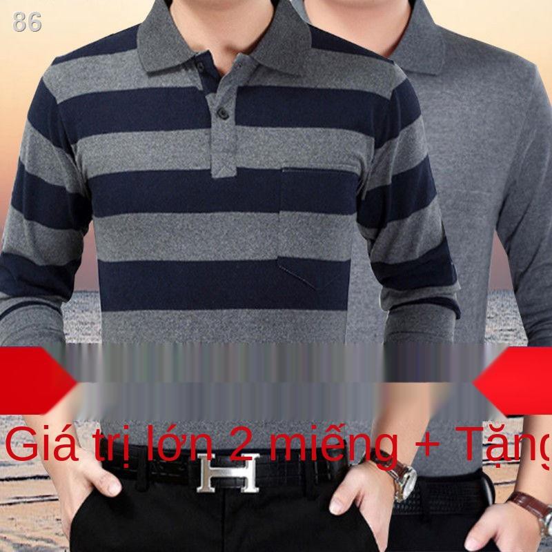 2020 áo thun nam dài tay mới của người trung niên và người cao tuổi Trang phục dành cho nam giới áo thun sọc quần áo trê
