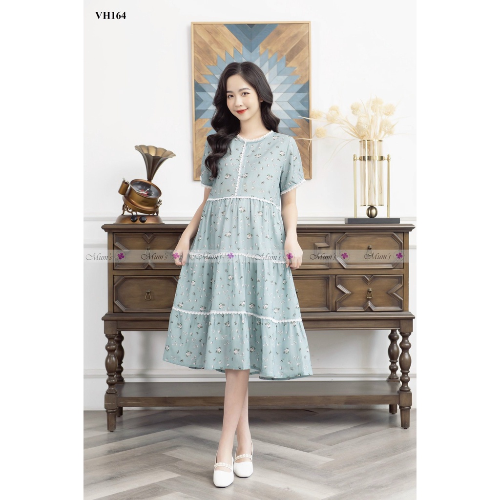 ĐẦM BẦU  FREESHIP  Váy bầu mùa hè dáng baby doll hoa nhí tăm xanh hoa nhí