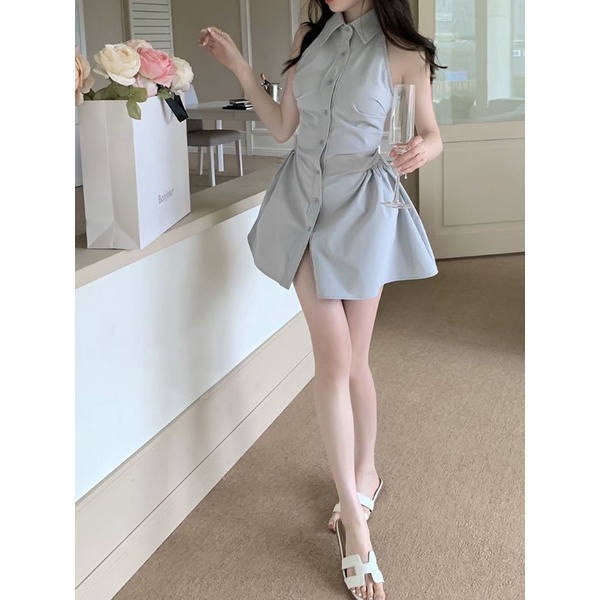 (SẴN) Váy sơ mi cổ yếm thô dày