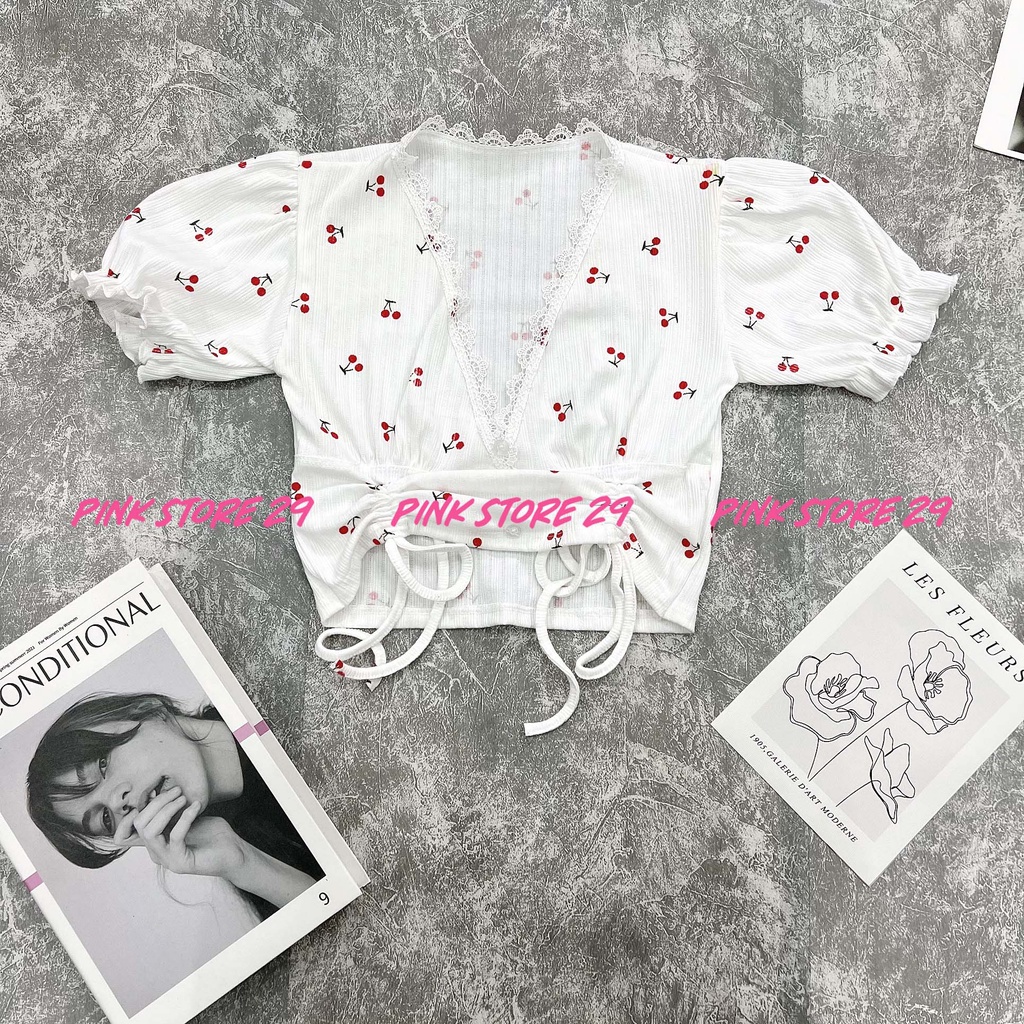 Áo Croptop Nữ Ôm Body Tay Ngắn PINKSTORE29, Viền Ren In Cherry Nhí A5404