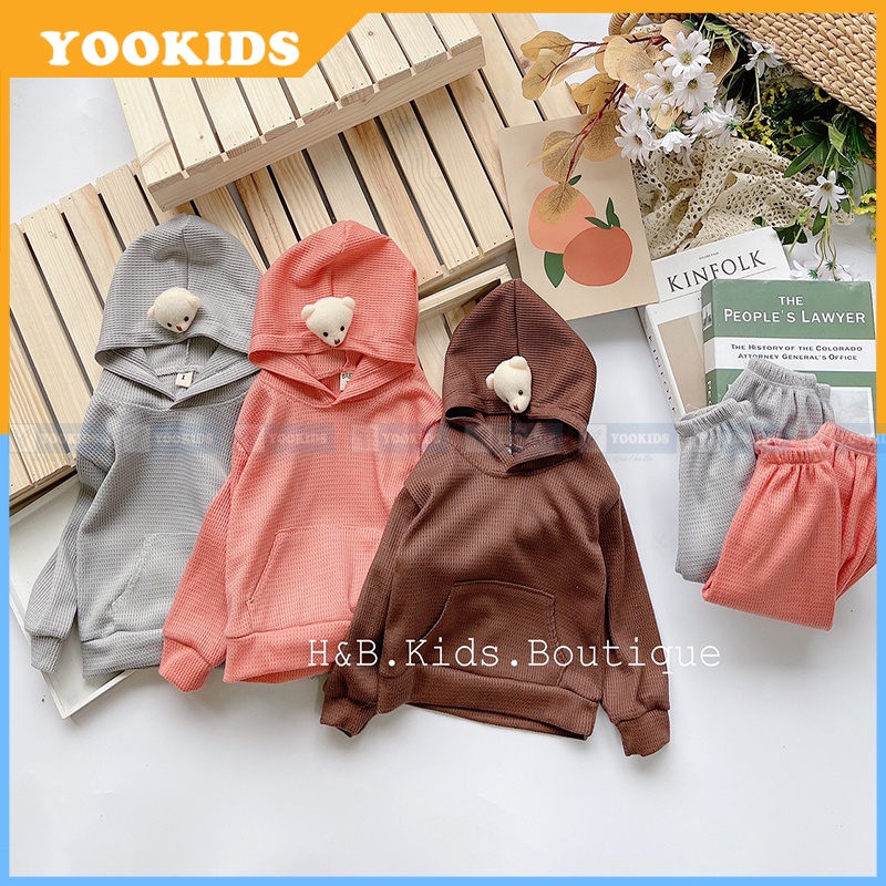 Bộ thu đông cho bé YOOKIDS kèm mũ chụp gấu chất đũi xốp mềm mịn, Bộ dài tay cho bé trai bé gái 1 2 3 4 5 tuổi