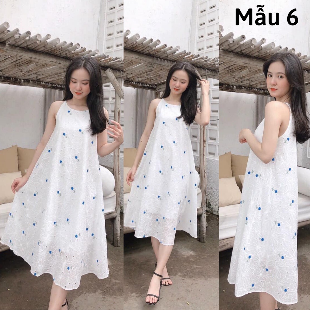 Đầm maxi form rộng chữ A, Đầm yếm dáng suông dài qua gối Cao Cấp vải kate trắng thêu hoa nhí, sát nách cổ tròn - MiNhi