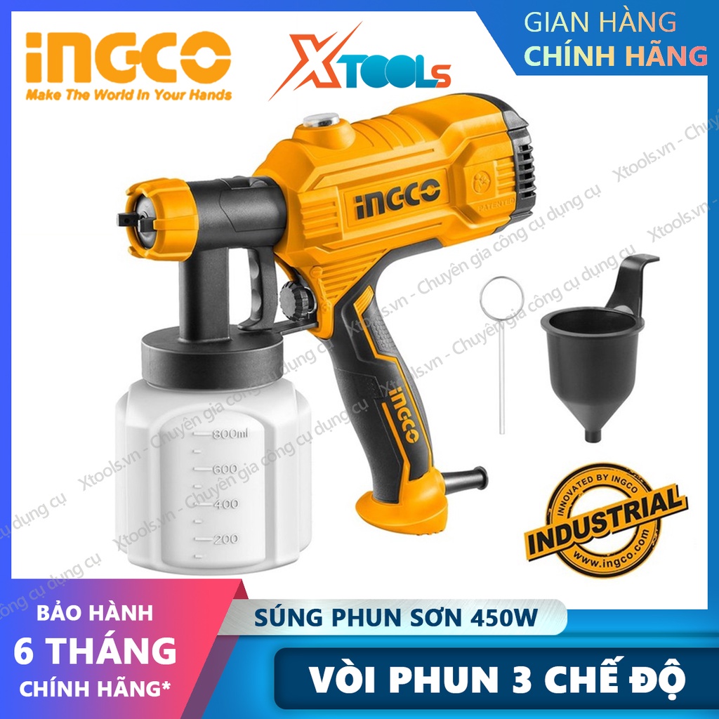 Máy phun sơn INGCO SPG3508 Công suất 450W, Súng phun sơn áp suất 0.1-0.2bar, bình chứa 800ml, kèm 1 cốc đo lường độ nhớt