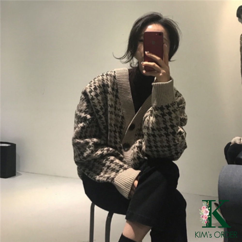 Áo len cardigan nữ phom rộng dài tay hoạ tiết kẻ vintage chất đẹp phong cách Hàn Quốc, đường phố, cá tính